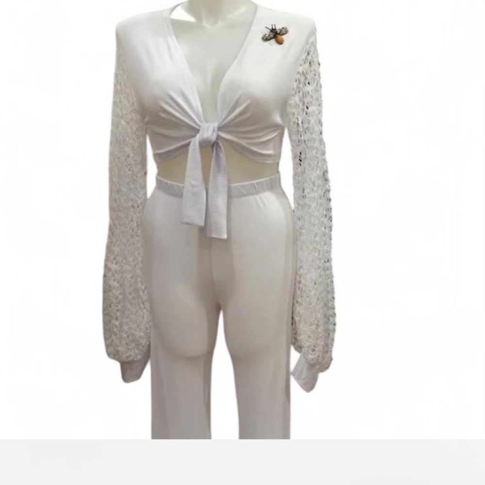 White Tie-Front Top and Pants Set with Lace Sleeves